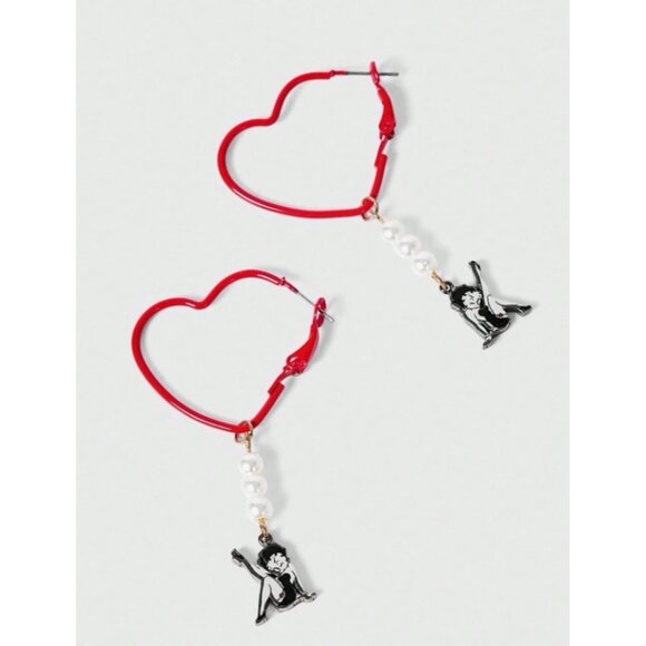Betty Boop Faux Pearl Necklace & Heart Earring Set  Cute Cartoon Charm Jewelry - Picture 4 of 5